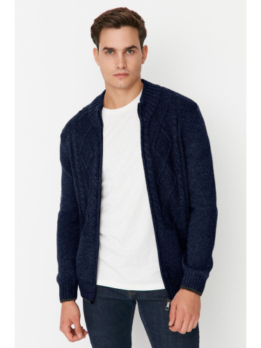 Trendyol Navy Blue Regular Wool Half Turtleneck Baklava Knitwear Cardigan