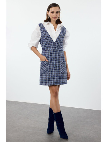 Trendyol Blue Plaid / Checkered Mini Woven Tweed Vest Dress