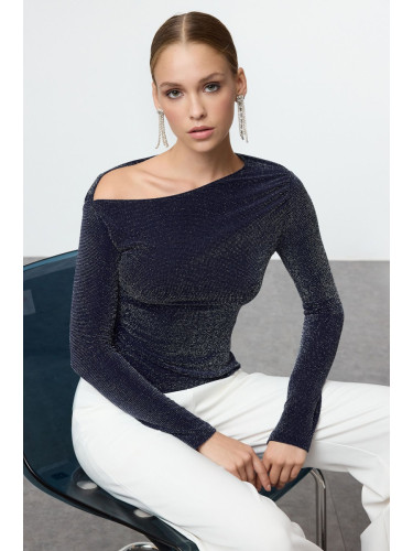 Trendyol Navy Blue Asymmetrical Hem Detail Knitted Blouse