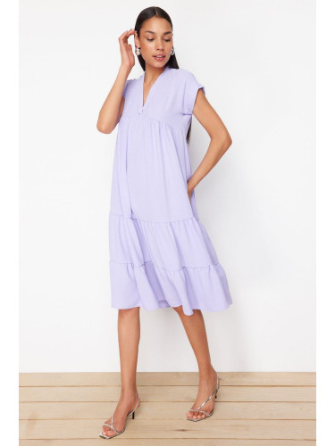 Trendyol Lilac Wide Cut V-Neck Skirt Asymmetric Flounce Aerobin Woven Dress