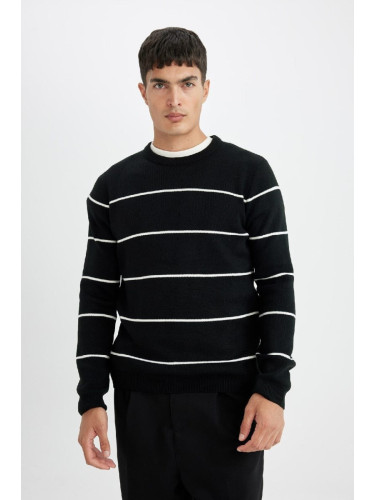 DEFACTO Black Standard Fit Regular Cut Crew Neck Striped Knitwear Sweater