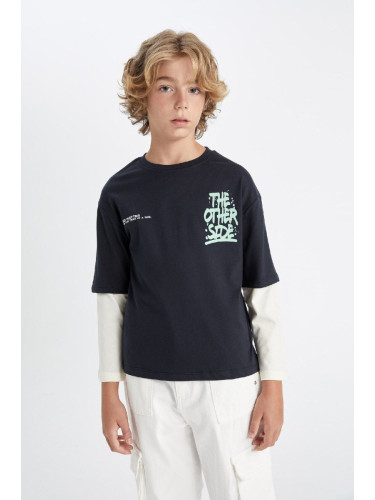 DEFACTO Boy's Crew Neck Text Printed Long Sleeve T-Shirt