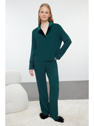 Trendyol Emerald Green Velvet Collar Detailed Viscose Woven Pajama Set