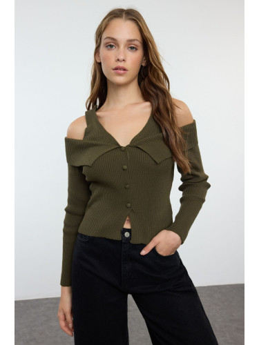 Trendyol Khaki Crop V-Neck Knitwear Cardigan