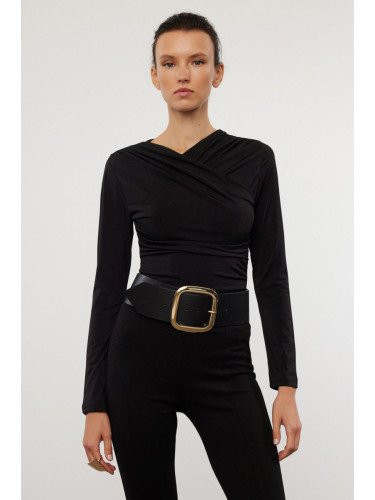 Trendyol Black Drape Detailed Fitted Long Sleeve Stretchy Knitted Blouse