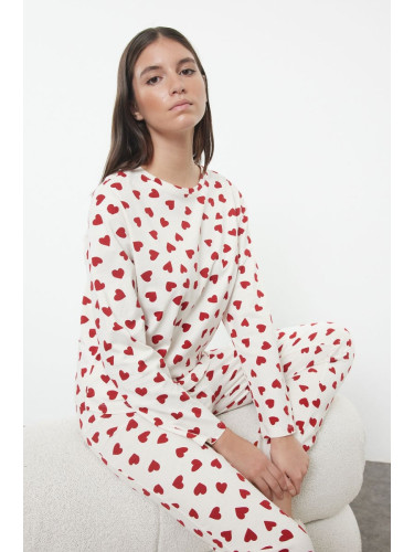 Trendyol Ecru 100% Cotton Heart Patterned Knitted Pajama Set