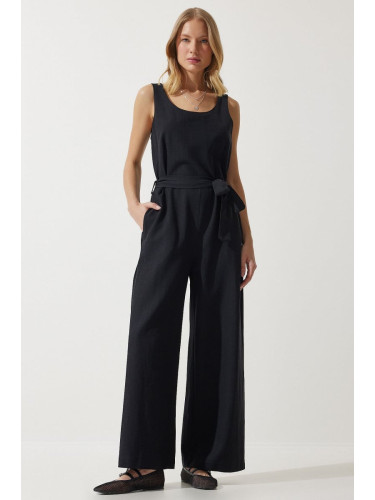 Happiness İstanbul Women's Black Belted Linen Jumpsuit