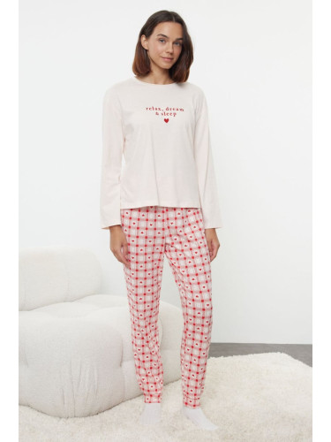 Trendyol Powder 100% Cotton Slogan Embroidered Heart Plaid Knitted Pajama Set