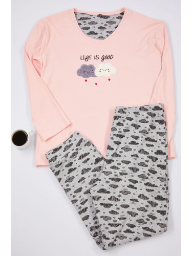 Trendyol Curve Pink Cloud Patterned Crew Neck Knitted Pajama Set