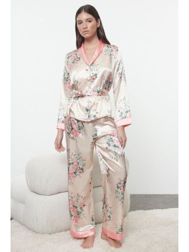 Trendyol Salmon-Multicolored Belted Floral Satin Woven Pajama Set