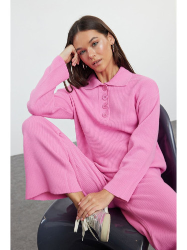 Trendyol Pink Polo Collar Ribbed Knitwear Top-Bottom Set