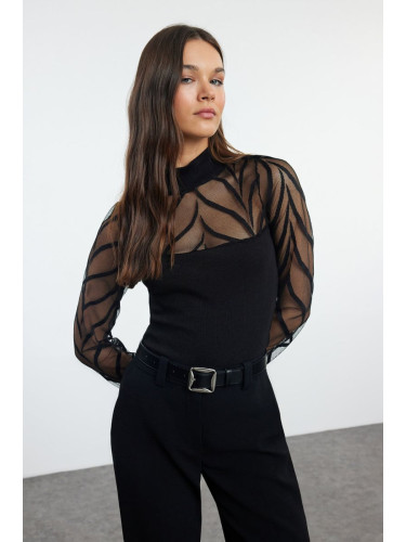 Trendyol Black Tulle Garni Detailed Fitted/Full Neck Ribbed Flexible Knitted Blouse