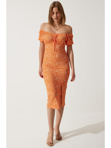 Happiness İstanbul Women's Orange Patterned Gathered Knitted Dress