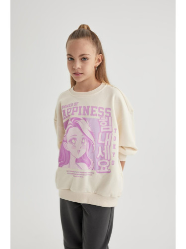 DEFACTO Girl's Relax Fit Crew Neck Printed Sweatshirt