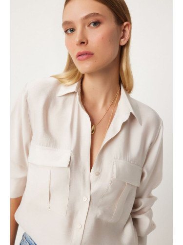 Happiness İstanbul Women's Cream Wide Pocket Tencel Shirt