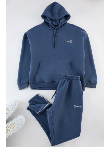 Trendyol Indigo Oversize/Wide Cut Elastic Leg Embroidered Piping Fleece Inside Tracksuit Set