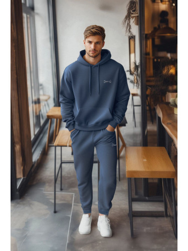 Trendyol Indigo Oversize/Wide Cut Hooded Embroidered Inside Polar Fleece Sweatshirt Tracksuit