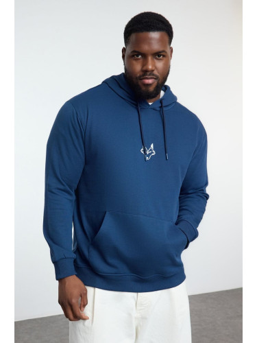 Trendyol Plus Size Indigo Regular/Normal Cut Hooded Sweatshirt with Polar Fleece Inside