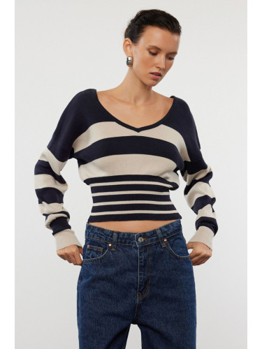 Trendyol Navy Blue Crop Premium Yarn/Special Yarn Striped Thin Knit Sweater