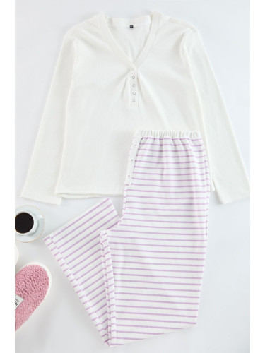 Trendyol Curve Lilac Striped Knitted Pajama Set with Snap Collar