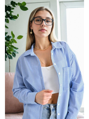 49999 Dewberry Blue Wrinkled Detailed Striped Women Shirt-BLUE