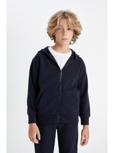 DEFACTO Boy Basic Plain Navy Blue Hooded Zippered School Cardigan