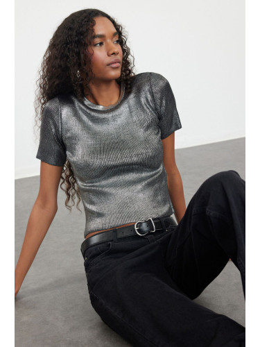 Trendyol Grey Crop Foil Crew Neck Knitwear Sweater