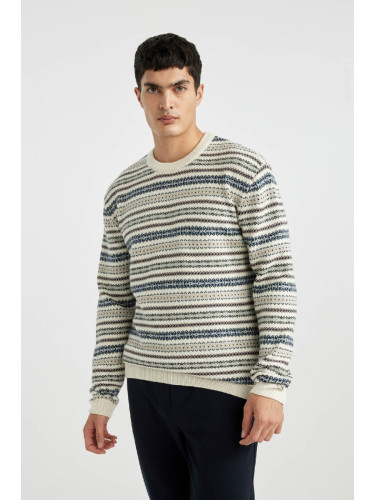 DEFACTO Light Beige Regular Cut Crew Neck Wool Blend Jacquard Knit Sweater