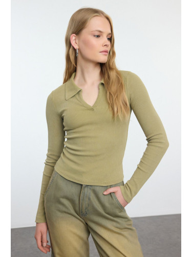 Trendyol Khaki Aged/Faded Effect Body-Smooth Polo Collar Ribbed Flexible Knitted Blouse