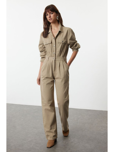 Trendyol Khaki Pocket Detailed Pleated Denim Overalls