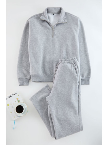 Trendyol Grey Oversize/Wide Cut Stand Collar Zippered Tracksuit