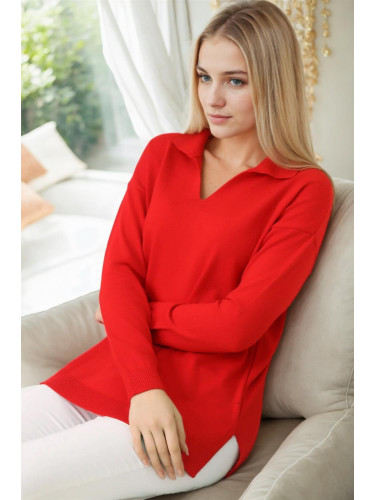 83295 Dewberry Polo Neck Long Sleeve Slit Sweater-RED