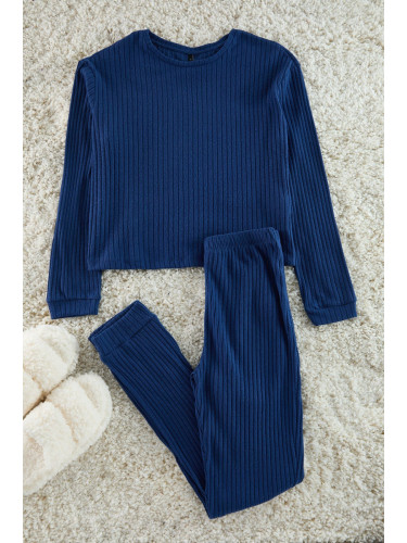 Trendyol Navy Blue Soft Touch Ribbed Knitted Pajama Set