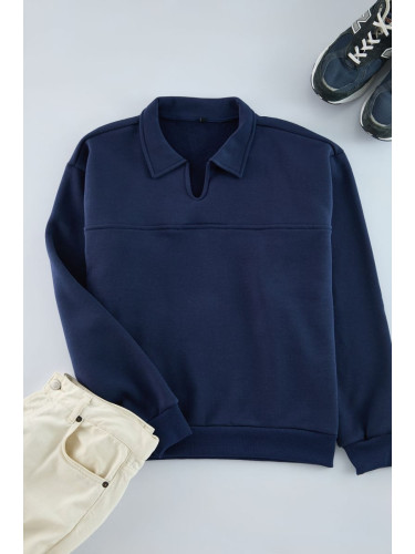 Trendyol Navy Blue Oversize/Wide Cut Polo Sweatshirt with Fleece Inside