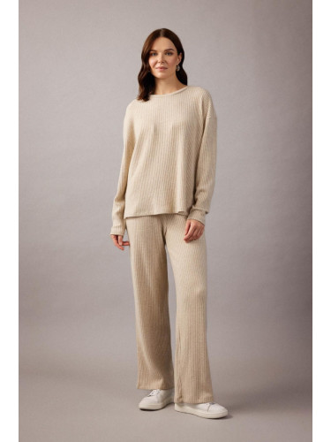 DEFACTO Ribbed Camisole Trousers Flayer Fit Elastic Waist Straight Leg