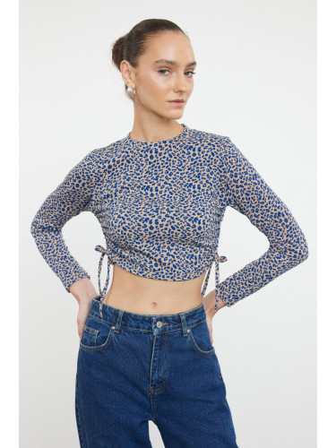 Trendyol Blue Printed Fitted Gather/Drape Detailed Stretchy Knitted Blouse