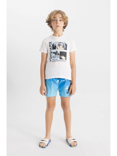 DEFACTO Boy 2-Piece Set Bike Neck Printed Short Sleeve T-Shirt Swim Shorts