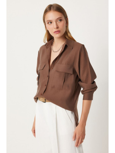 Happiness İstanbul Women's Brown Wide Pocket Tencel Shirt