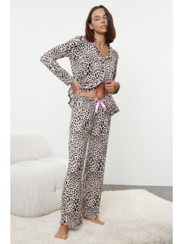 Trendyol Multicolored Leopard Patterned Ribbon/Bow Tie Shirt Trousers Knitted Pajama Set