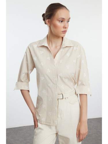 Trendyol Dark Beige Striped Floral Cotton Woven Shirt