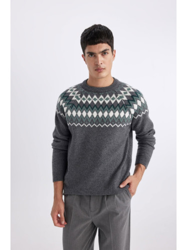 DEFACTO Standard Fit Regular Cut Patterned Crew Neck Knitwear Sweater