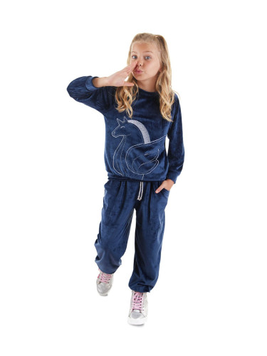 Denokids Navy Blue Velvet Unicorn Girl's Tracksuit Set