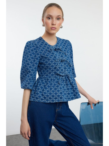 Trendyol Dark Blue Front Tie Denim Blouse