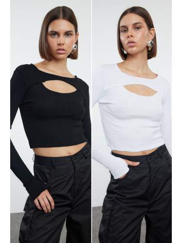 Trendyol Black-White 2-Piece Cut Out Detailed Fitted Flexible Knitted Blouse