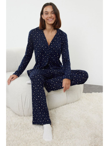 Trendyol Navy Blue 100% Cotton Galaxy Patterned Knitted Pajamas Set