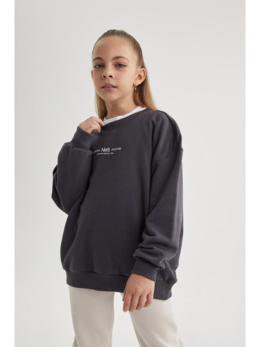 DEFACTO Girl's Relax Fit Crew Neck Printed Sweatshirt