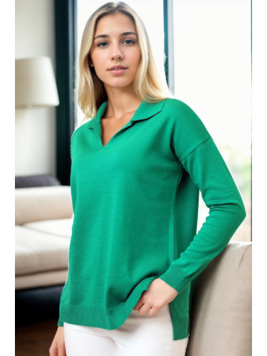 83295 Dewberry Polo Neck Long Sleeve Slit Sweater-GREEN