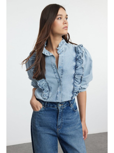 Trendyol Blue Flounce Regular Denim Shirt