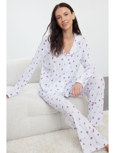 Trendyol White 100% Cotton Floral Openwork/Hole Ribbed Knitted Pajama Set