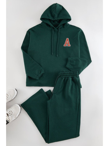 Trendyol Emerald Green Oversize/Wide Cut Hooded Letter Embroidered Tracksuit Set